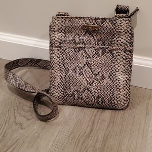 Auslini faux snakeskin print shoulder bag, black and tan